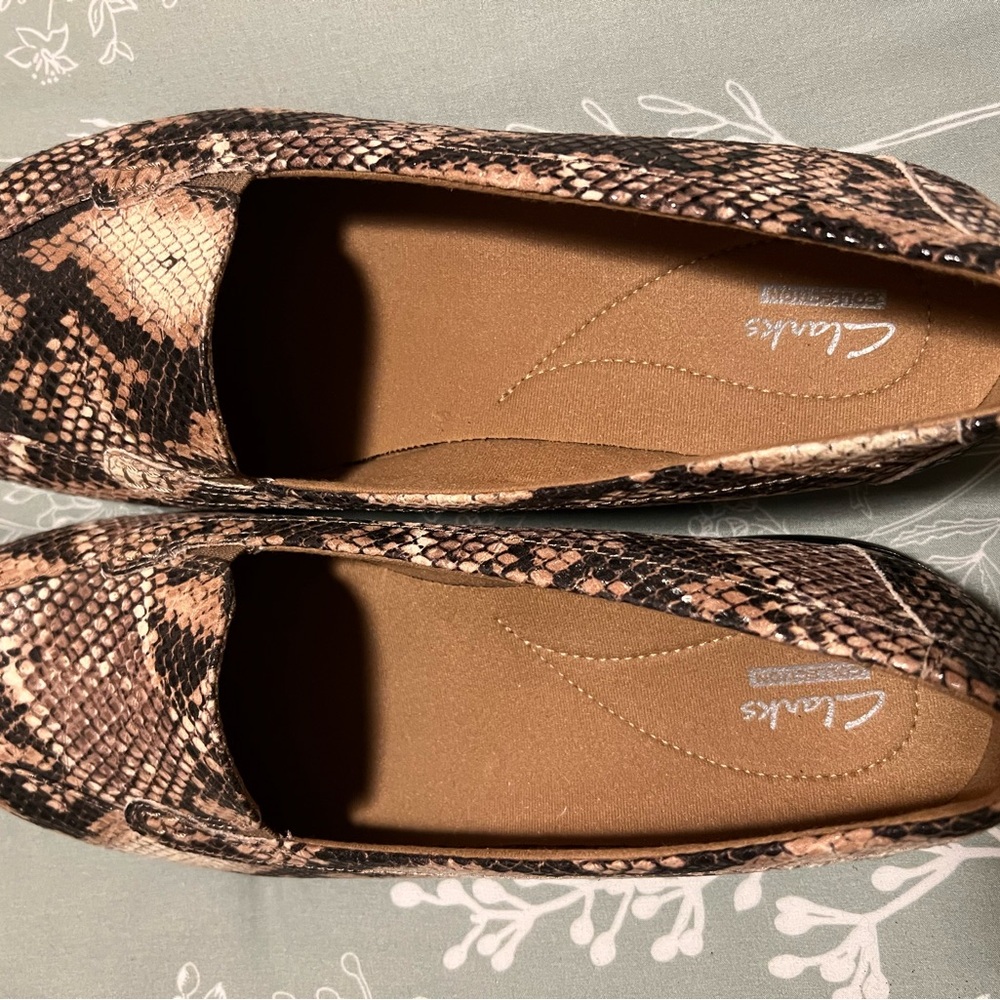 Clarks Women’s Snake-Print Slip-On Loafers in Brown and Black